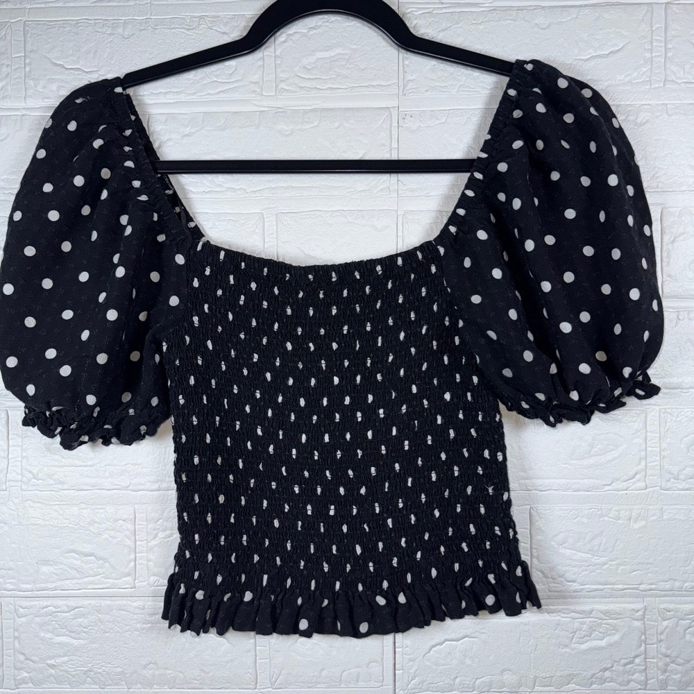 Forever 21 Smocked Top Women S Black Polka Dot Puff Sleeve Crop Square Neck Boho
